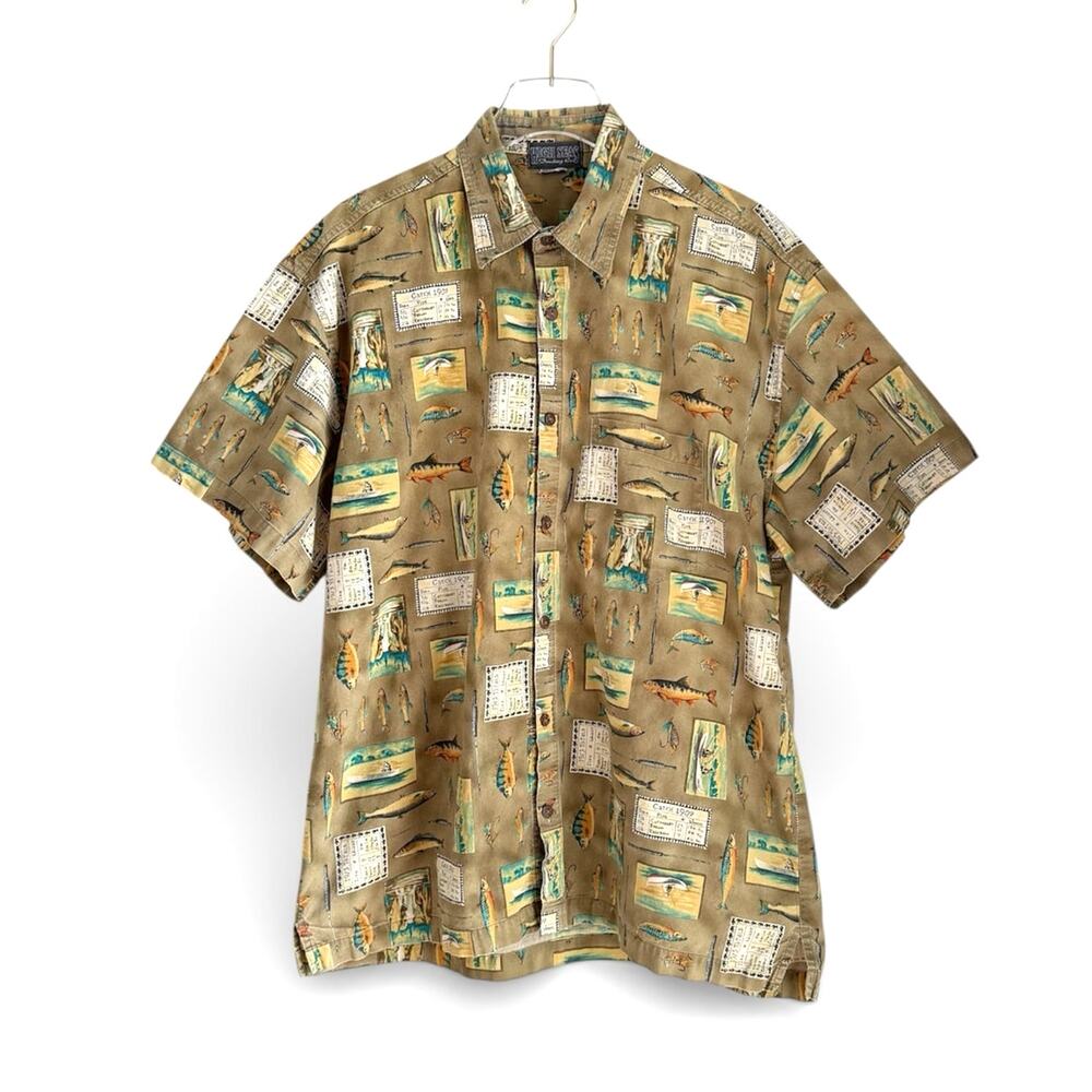 High Seas Trading Co. Fish Theme Shirt Green Cotton Men XL Rods Fly Fisherman